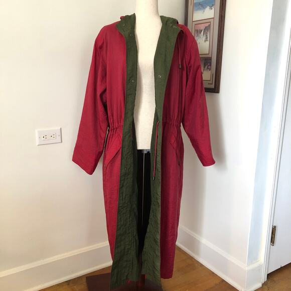 VTG Eddie Bauer Long Hooded Raincoat SP Red Green Nylon 90s Gorpcore Preppy - Picture 3 of 14